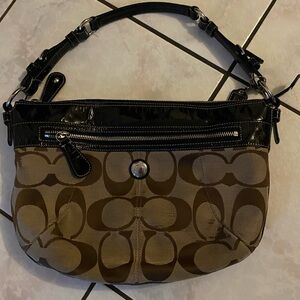 Coach Signature Brown and Black Shoulder Bag with Leather Trim